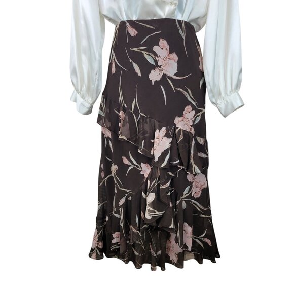 Chaps Floral Skirt Large Ruffle Ralph Lauren Romantic Brown Pink Elastic Waist - Picture 3 of 8